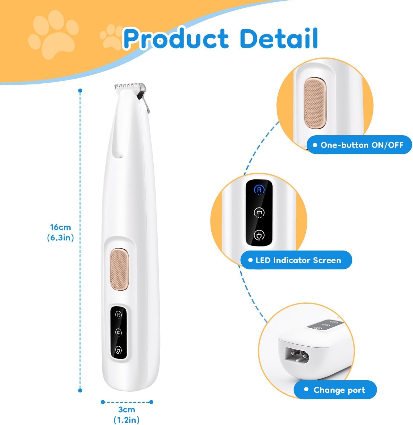 Mcbazel Pet Micro Precision Trimmer, Multifunctional Pet Hair Trimmer Waterproof Rechargeable Shaver with LED Light for Paws Eyes Ears Face Buttocks for Small Dogs and Cats，50dB Quiet Shave