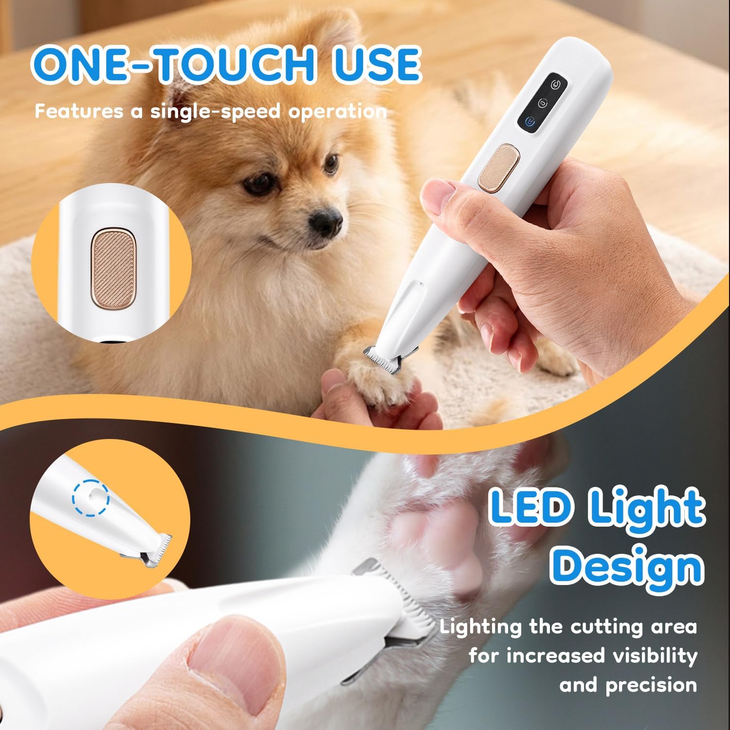 Mcbazel Pet Micro Precision Trimmer, Multifunctional Pet Hair Trimmer Waterproof Rechargeable Shaver with LED Light for Paws Eyes Ears Face Buttocks for Small Dogs and Cats，50dB Quiet Shave