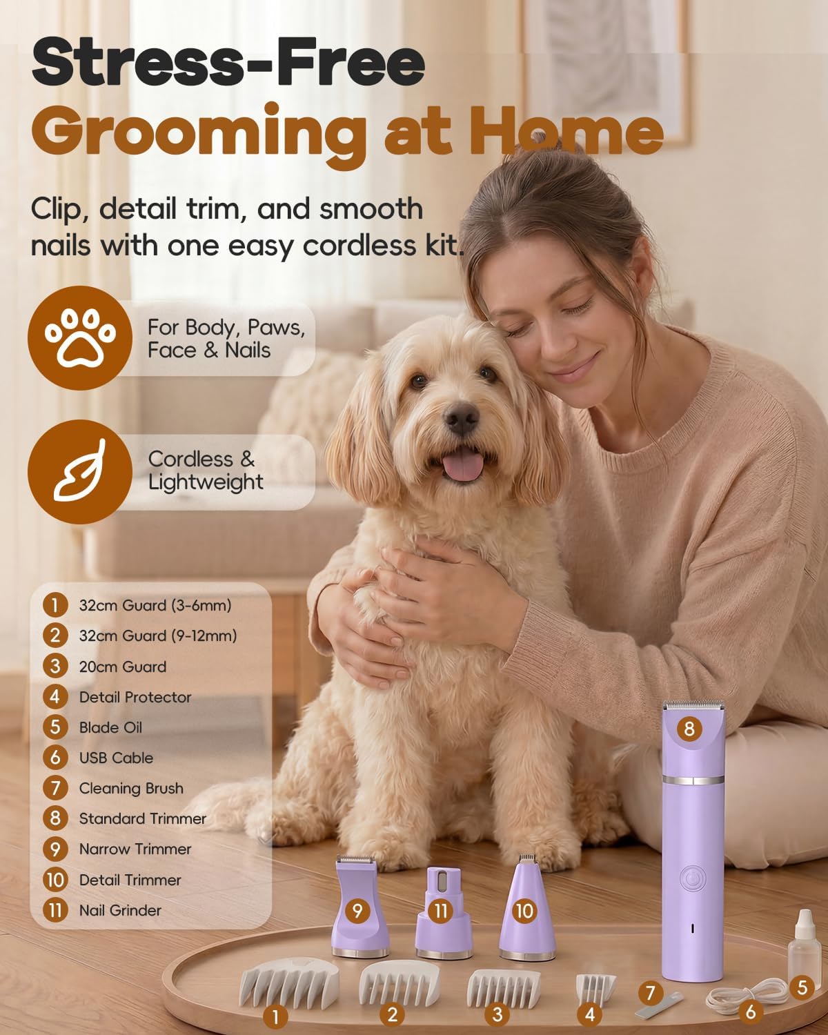 Veeconn Dog Grooming Clippers Kit-Electric Rechargeable Cat Trimmer Tools-Cordless Quiet Pet Nail Paw Grinder-4 in 1 Multifunctional Low Noise Shaver-Razor for feet Face Ears Toenail Eye