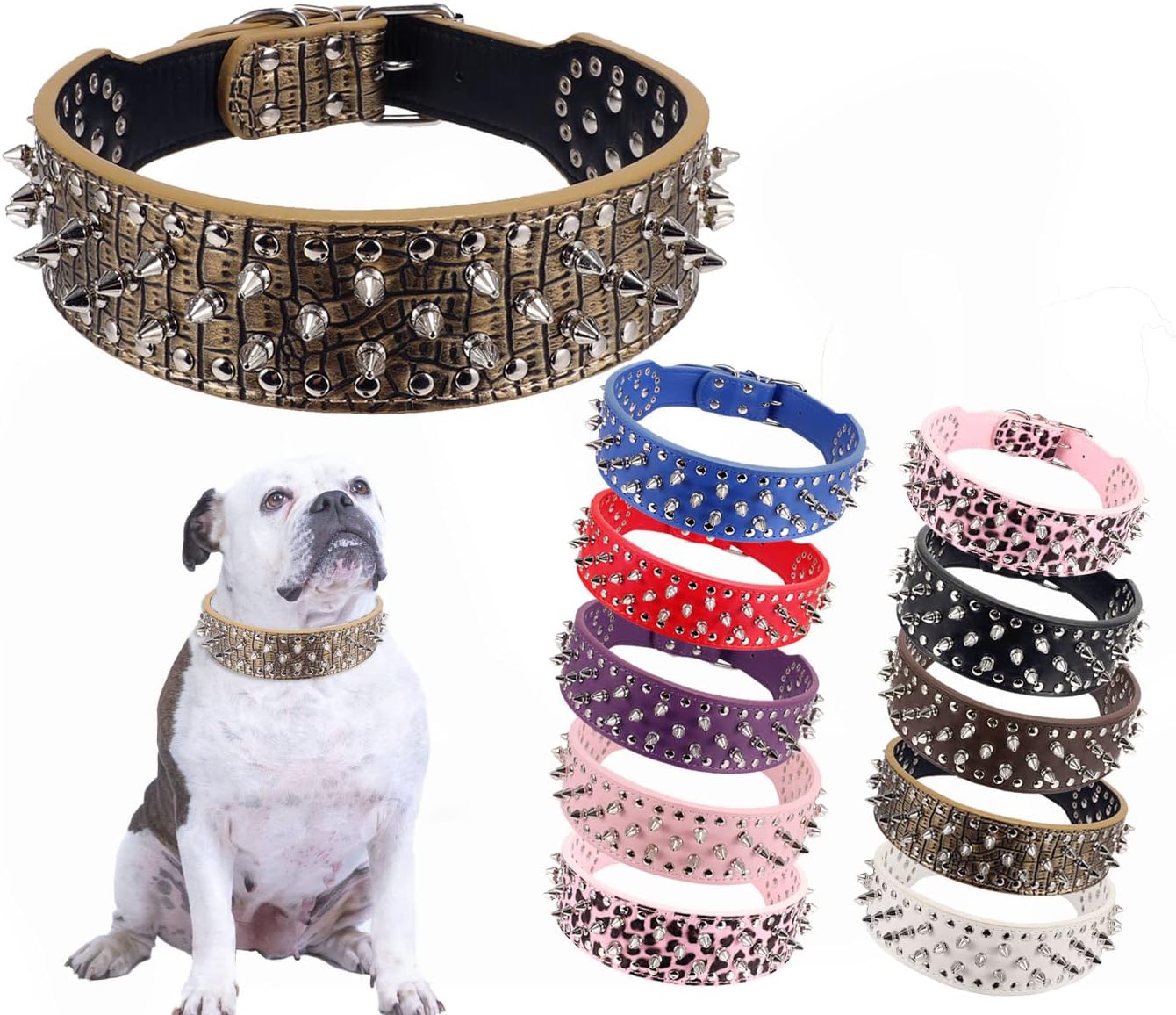 Hoot PU Leather Adjustable Spiked Studded Dog Collar 2" Wide 43 Spikes (L(Neck 21"-24"), Black)