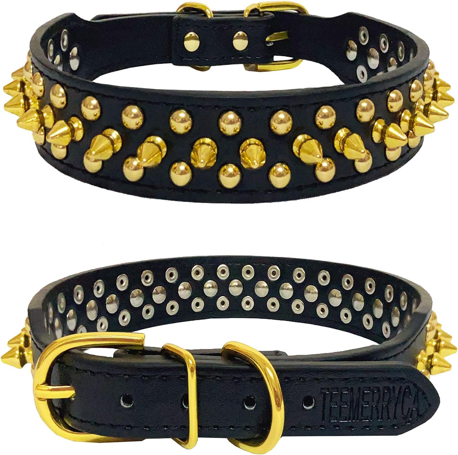 TEEMERRYCA Black Leather Dog Collar with Gold Spikes for Small Medium Large Pets,Pit Bulls/Bulldog, Keep Dog Safe from Grabbing by Huge Dogs,XL(17.7"-20.5")