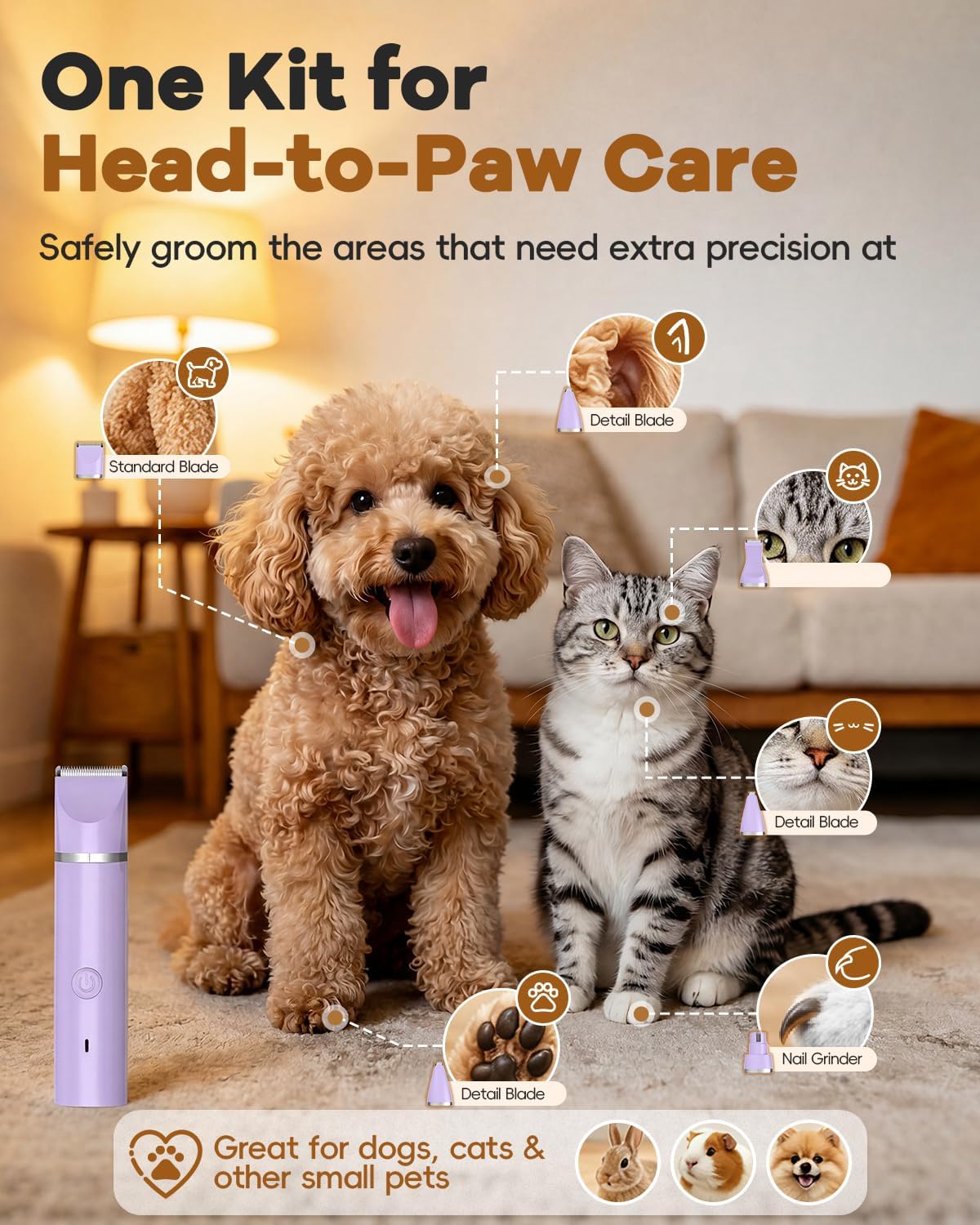 Veeconn Dog Grooming Clippers Kit-Electric Rechargeable Cat Trimmer Tools-Cordless Quiet Pet Nail Paw Grinder-4 in 1 Multifunctional Low Noise Shaver-Razor for feet Face Ears Toenail Eye