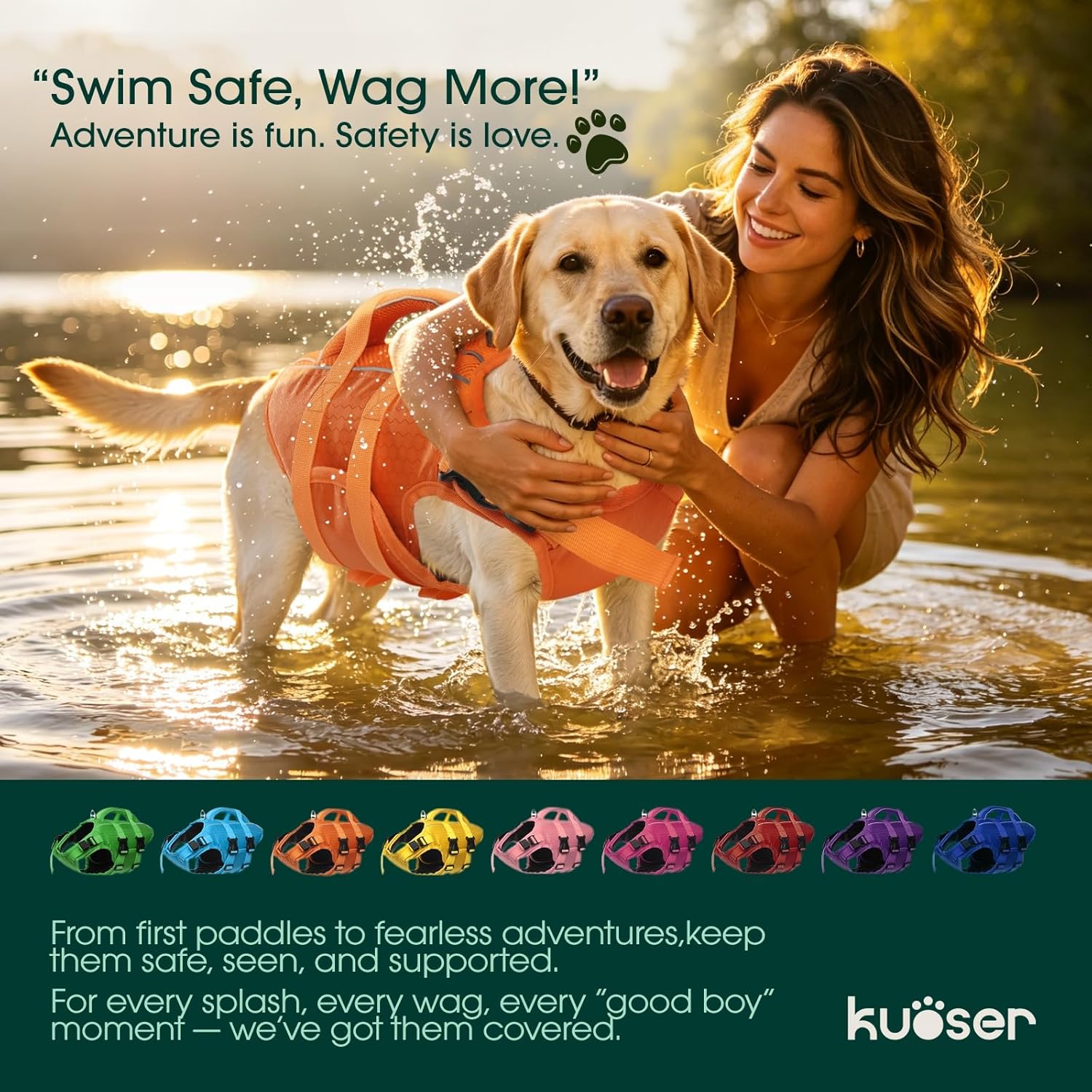Kuoser Dog Life Jacket High Flotation, Reflective Dogs Life Vest for Swimming Boating, Adjustable Small Medium Large Dog lifejacket, Lightweight Dogs Life Preserver Rescue Handle Spring Summer Pool