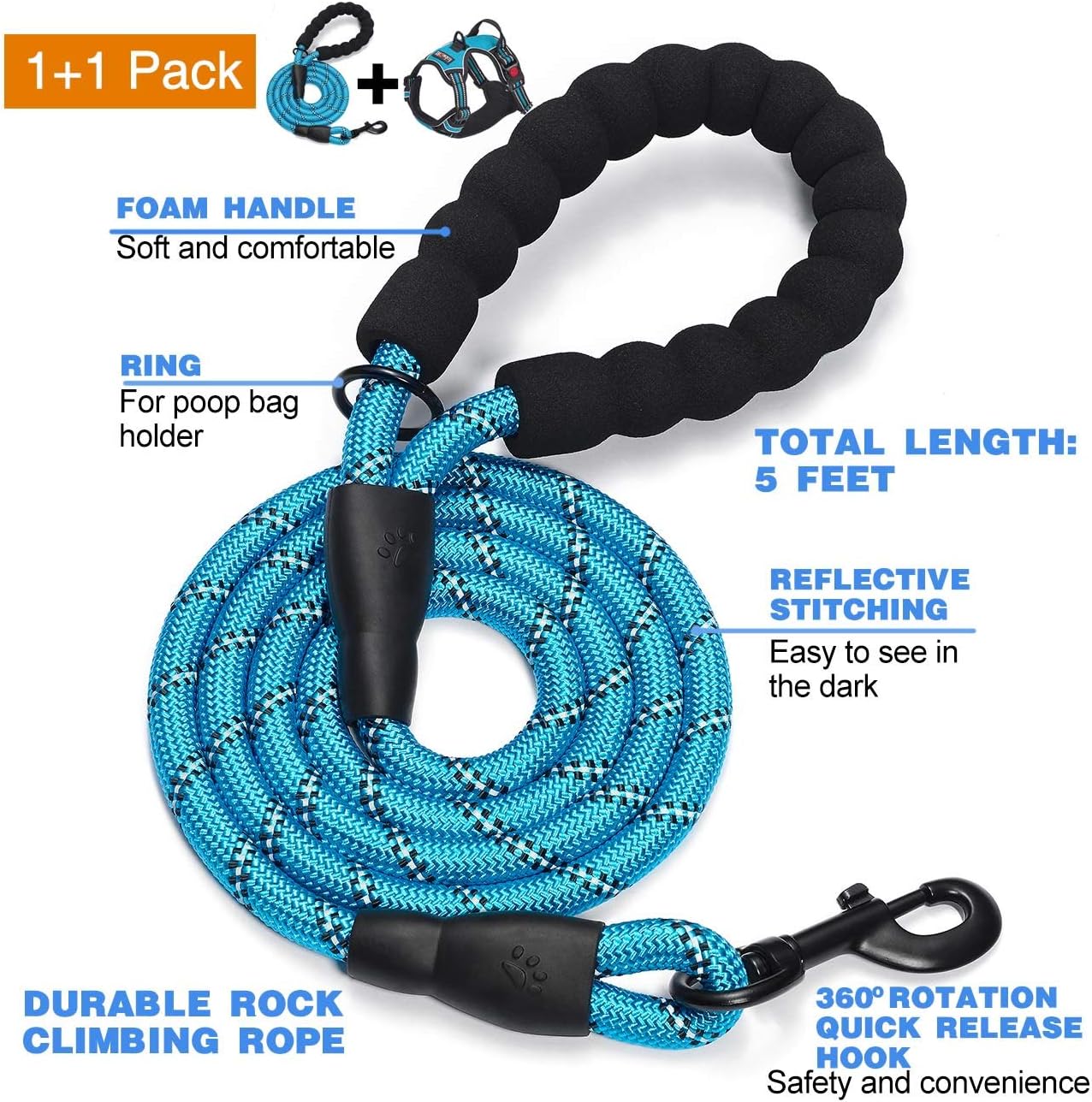 tobeDRI No Pull Dog Harness Adjustable Reflective Oxford Easy Control Medium Large Dog Harness with A Free Heavy Duty 5ft Dog Leash